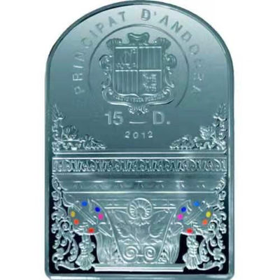 【随心拍&Getcoins】现代钱币拍卖第四十五期 安道尔2012年15元，1.61盎司 《苹果树下的圣母玛丽娅与圣子》 德国文艺复兴画家卢卡斯-克拉纳赫名画，双面高清彩色 异形(窗形) 精制银币