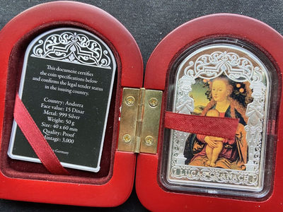 【随心拍&Getcoins】现代钱币拍卖第四十五期 安道尔2012年15元，1.61盎司 《苹果树下的圣母玛丽娅与圣子》 德国文艺复兴画家卢卡斯-克拉纳赫名画，双面高清彩色 异形(窗形) 精制银币