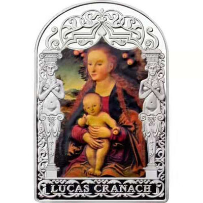 【随心拍&Getcoins】现代钱币拍卖第四十五期 安道尔2012年15元，1.61盎司 《苹果树下的圣母玛丽娅与圣子》 德国文艺复兴画家卢卡斯-克拉纳赫名画，双面高清彩色 异形(窗形) 精制银币