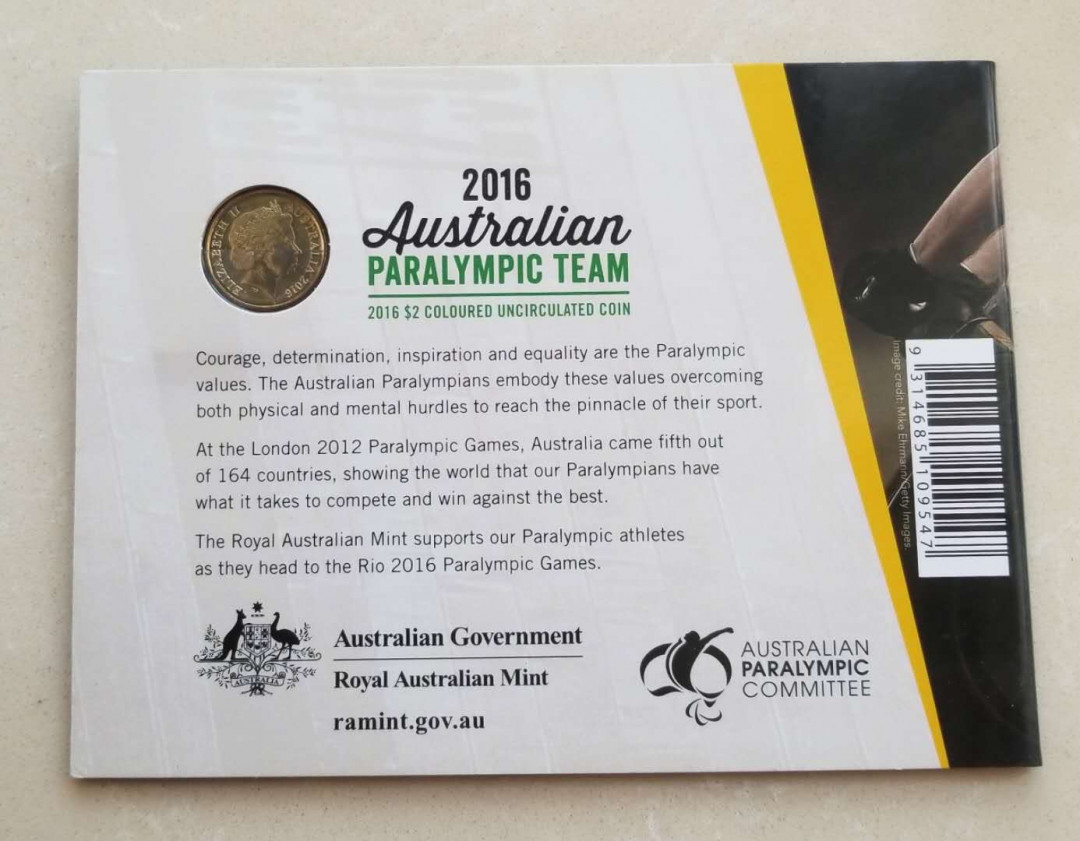 【币观天下】第九十七期钱币拍卖 澳大利亚2016年残奥会2元纪念币造币厂卡币一枚