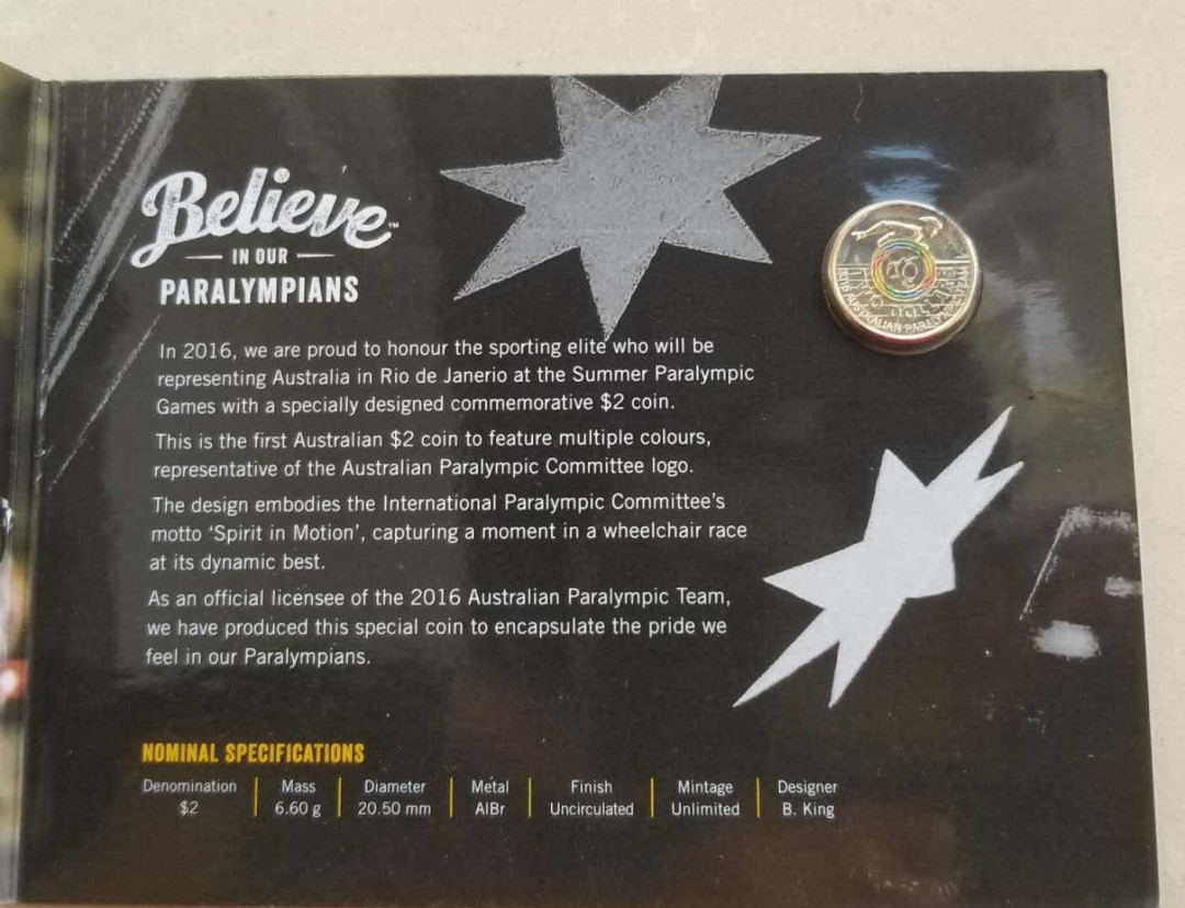 【币观天下】第九十七期钱币拍卖 澳大利亚2016年残奥会2元纪念币造币厂卡币一枚