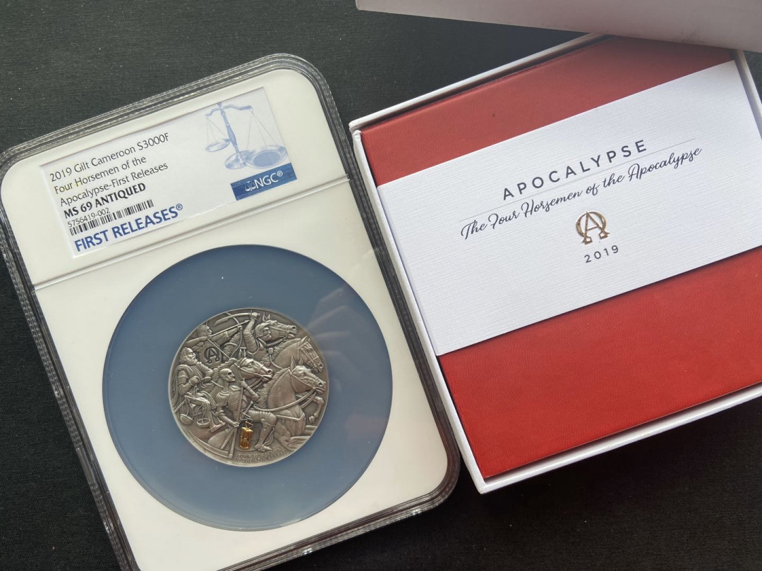 【币观天下】第九十七期钱币拍卖 【高浮雕系列】喀麦隆2019年天启4骑士镀金银币【3oz】