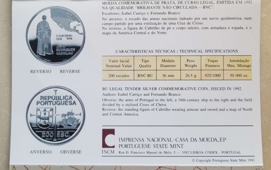 【币观天下】第九十七期钱币拍卖 葡萄牙1992年发现美洲加利福尼亚200埃斯库多银币