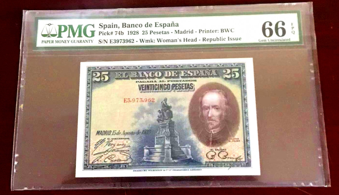 【收藏联盟】第115期拍卖（2020新年第一拍）——黑美人 西班牙 1928年 25比塞塔 pmg66EPQ  BWC出品