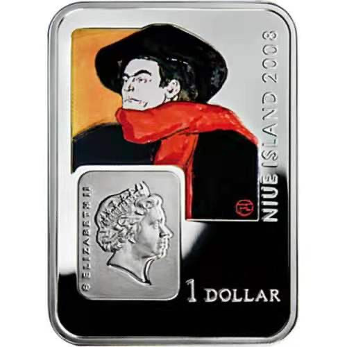 【币观天下】第九十七期钱币拍卖 【纽埃】纽埃2008年1元，世界大师画家“图卢兹-罗特克及其名作-抬腿美媛写生” 异形(长方形) 双面彩色 精制银币