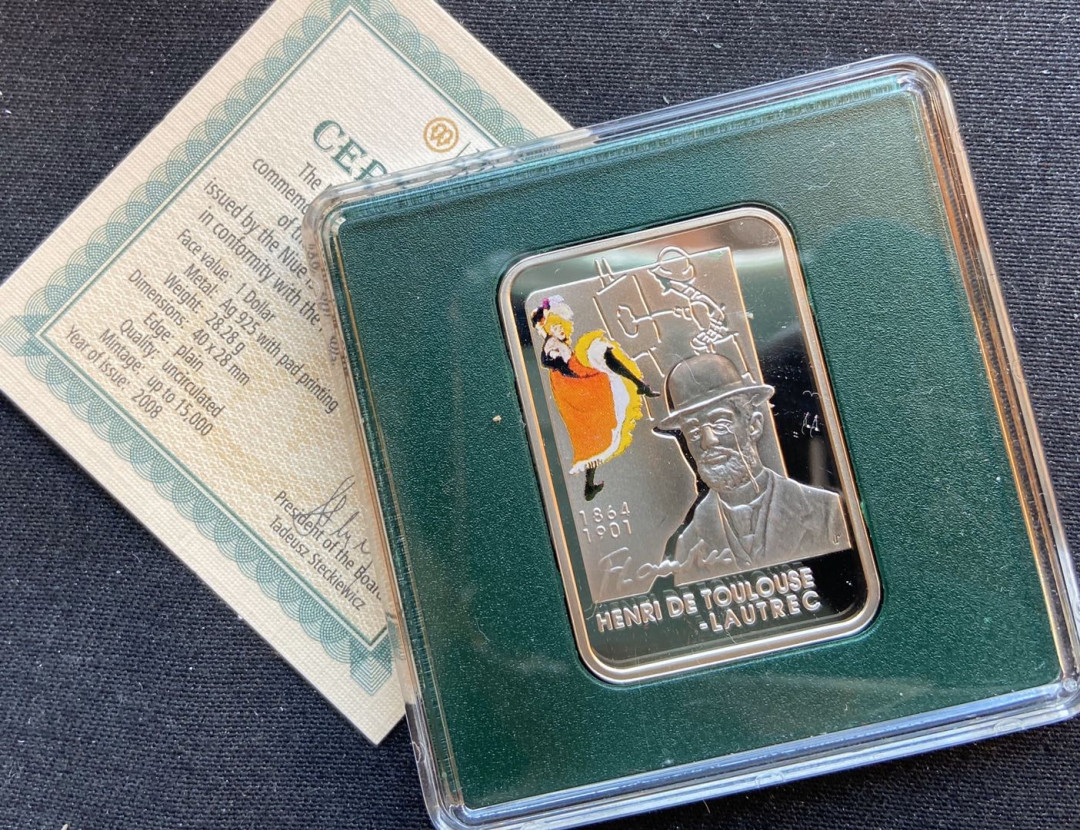 【币观天下】第九十七期钱币拍卖 【纽埃】纽埃2008年1元，世界大师画家“图卢兹-罗特克及其名作-抬腿美媛写生” 异形(长方形) 双面彩色 精制银币