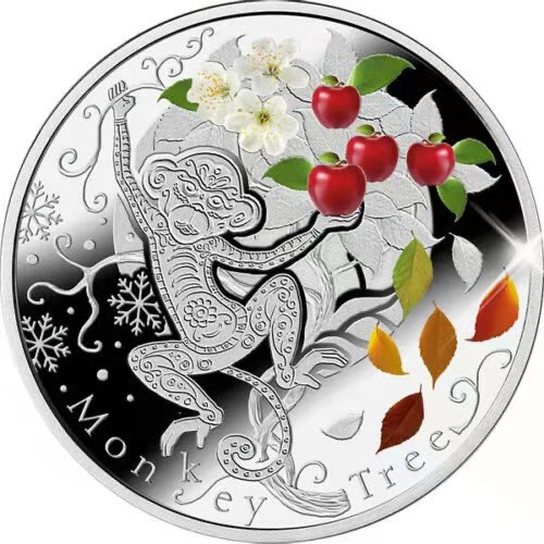 【币观天下】第九十七期钱币拍卖 纽埃2016年1元，中国猴年生肖幸运银币“猴宝偷桃”（小猴子爬树）彩色精制艺术银币