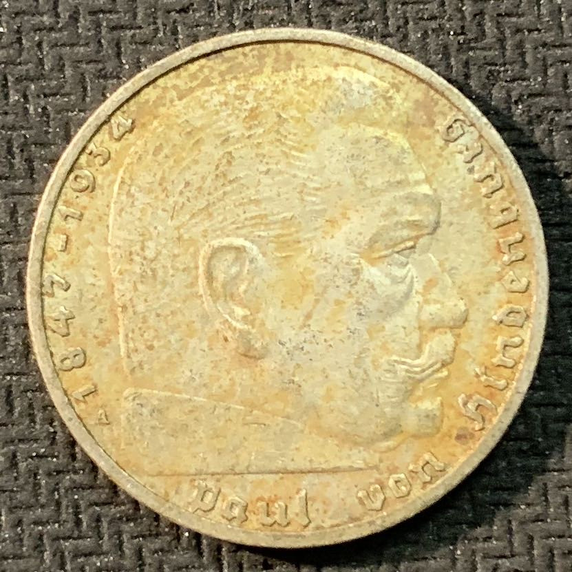 紫瑗钱币—微拍第17期  德国 1939年 A版 兴登堡 2马克 8克 0.625银 