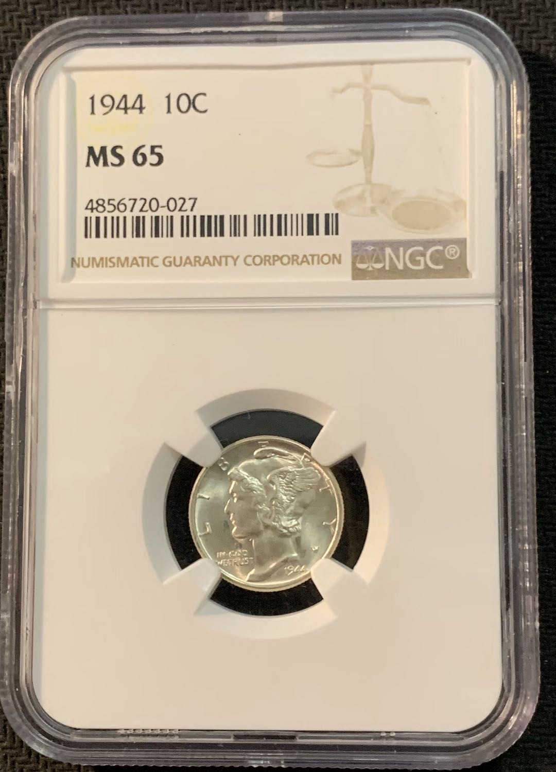 紫瑗钱币—微拍第17期  美国 1944年 小飞侠 10美分 NGC MS65 
