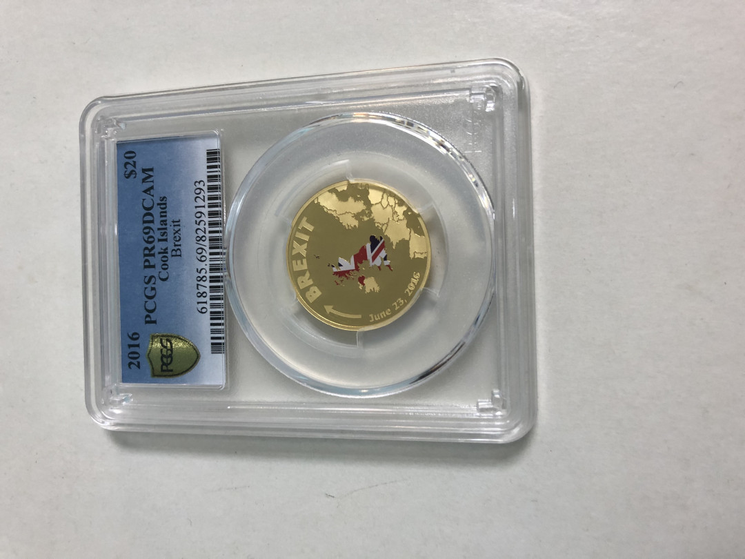 CSIS-GREAT评级精品钱币拍卖第二十期 库克2016年英国退出欧盟“脱欧”精制彩色纪念金币PCGS金盾PR69分