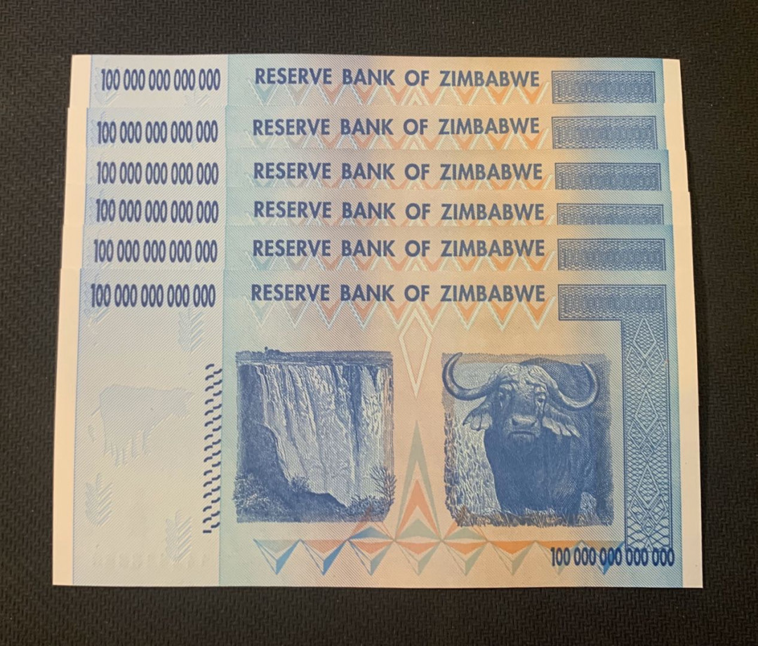 紫瑗钱币—微拍第18期 纸币团购场 津巴布韦 2008年 100万亿 世界面值最大纸币 6连号（冠号AA2448845—50）