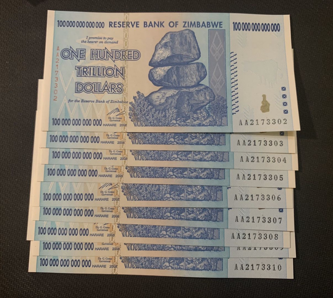 紫瑗钱币—微拍第18期 纸币团购场 津巴布韦 2008年 100万亿 世界面值最大纸币 9联号 （冠号AA2173302—10）