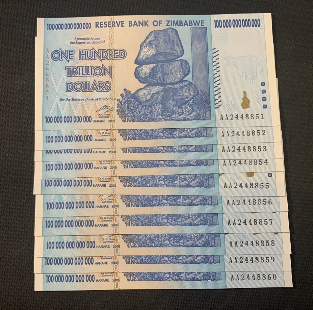 紫瑗钱币—微拍第18期 纸币团购场 津巴布韦 2008年 100万亿 世界面值最大纸币 标准十连（冠号AA2448851—60）