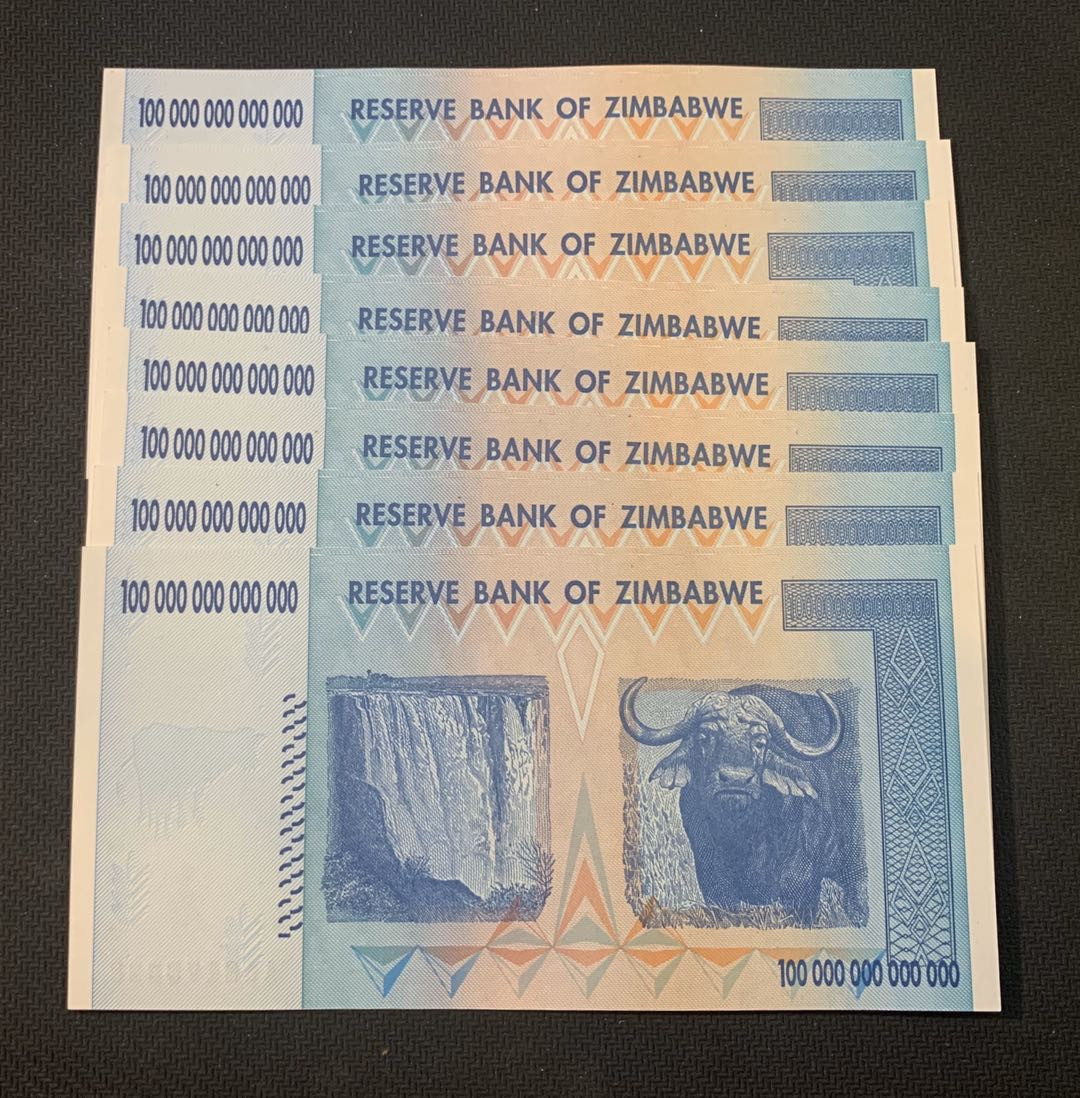 紫瑗钱币—微拍第18期 纸币团购场 津巴布韦 2008年 100万亿 世界面值最大纸币 8联号 （冠号AA2173321—28）