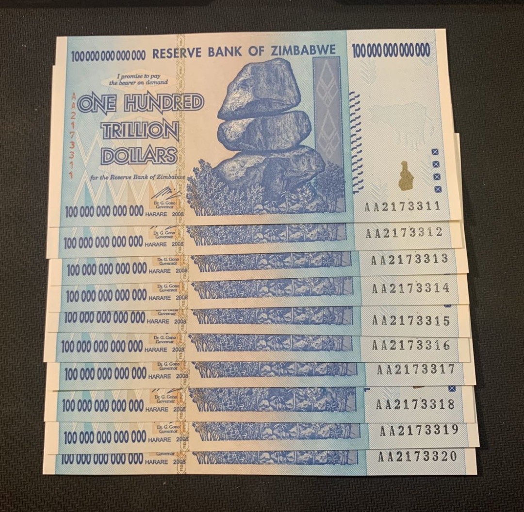 紫瑗钱币—微拍第18期 纸币团购场 津巴布韦 2008年 100万亿 世界面值最大纸币 标准十连 （冠号AA2173311—20）