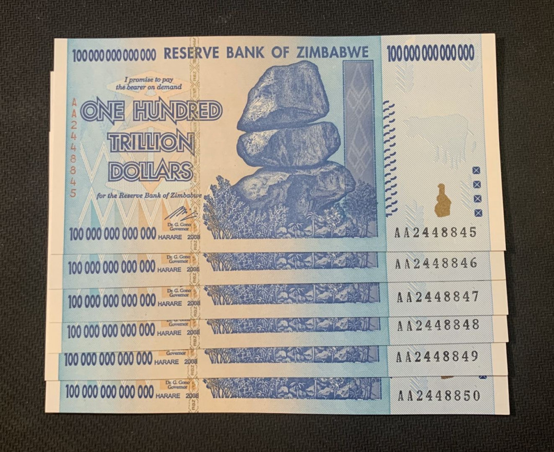 紫瑗钱币—微拍第18期 纸币团购场 津巴布韦 2008年 100万亿 世界面值最大纸币 6连号（冠号AA2448845—50）