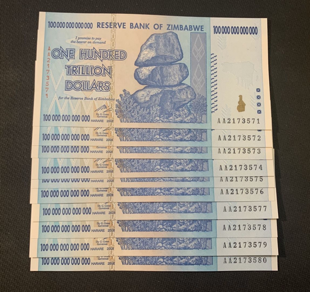 紫瑗钱币—微拍第18期 纸币团购场 津巴布韦 2008年 100万亿 世界面值最大纸币 标准十连（冠号AA2173571—80）