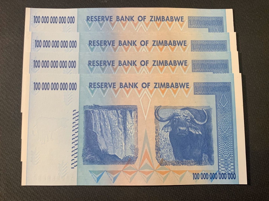 紫瑗钱币—微拍第18期 纸币团购场 津巴布韦 2008年 100万亿 世界面值最大纸币 4联号 （冠号AA0980081—84）