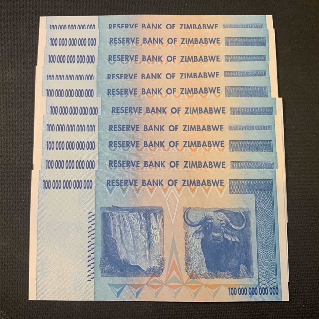 紫瑗钱币—微拍第18期 纸币团购场 津巴布韦 2008年 100万亿 世界面值最大纸币 标准十连（冠号AA2173561—70）