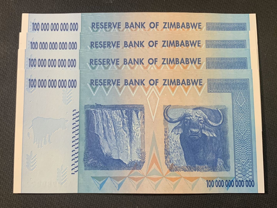 紫瑗钱币—微拍第18期 纸币团购场 津巴布韦 2008年 100万亿 世界面值最大纸币 4联号 （冠号AA0980009—12）