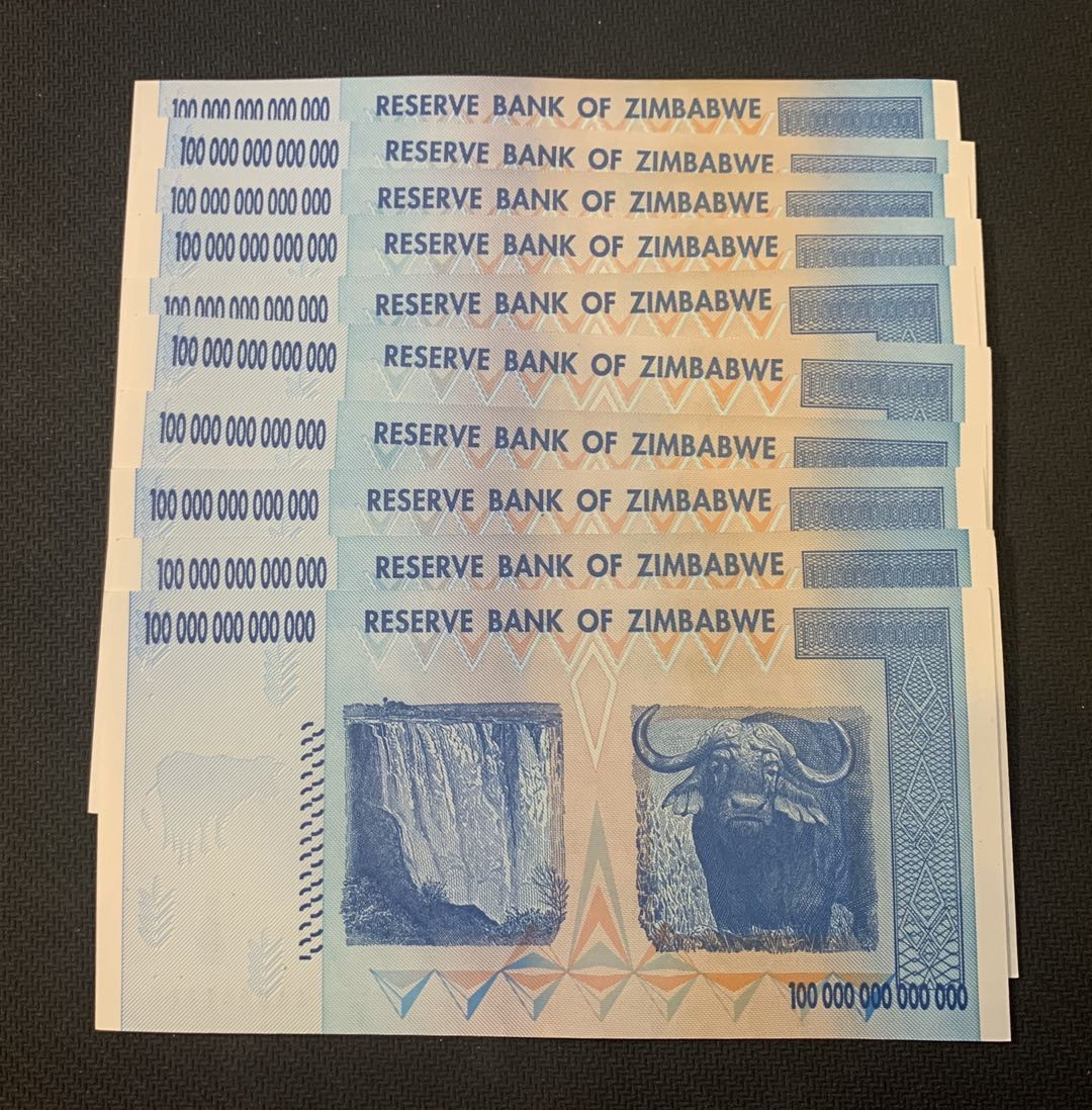 紫瑗钱币—微拍第18期 纸币团购场 津巴布韦 2008年 100万亿 世界面值最大纸币 标准十连（冠号AA2448851—60）