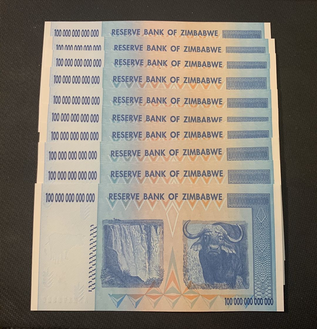 紫瑗钱币—微拍第18期 纸币团购场 津巴布韦 2008年 100万亿 世界面值最大纸币 标准十连 （冠号AA2173311—20）