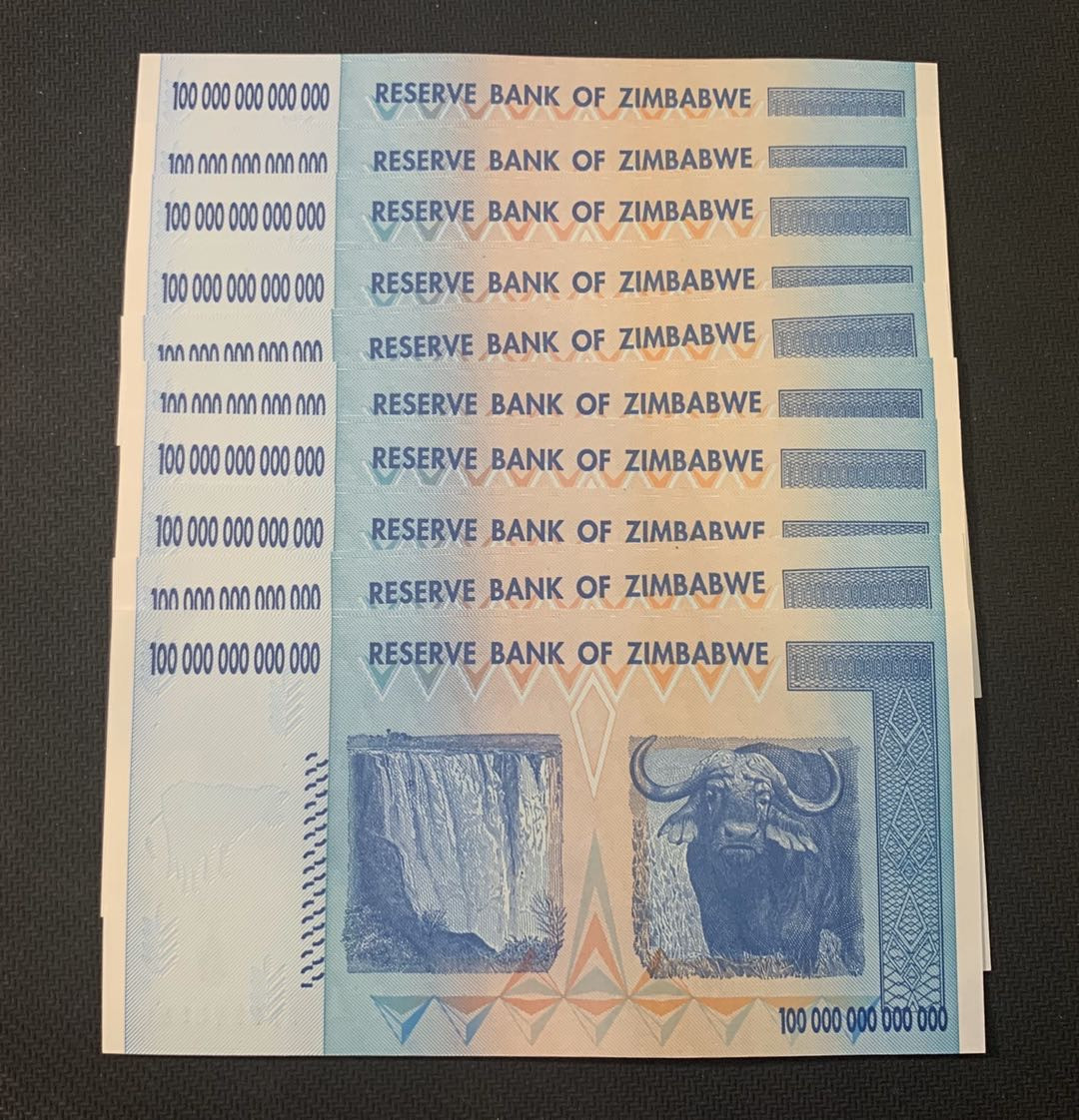 紫瑗钱币—微拍第18期 纸币团购场 津巴布韦 2008年 100万亿 世界面值最大纸币 标准十连（冠号AA2173581—90）