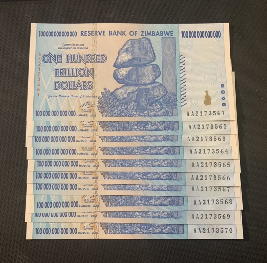 紫瑗钱币—微拍第18期 纸币团购场 津巴布韦 2008年 100万亿 世界面值最大纸币 标准十连（冠号AA2173561—70）