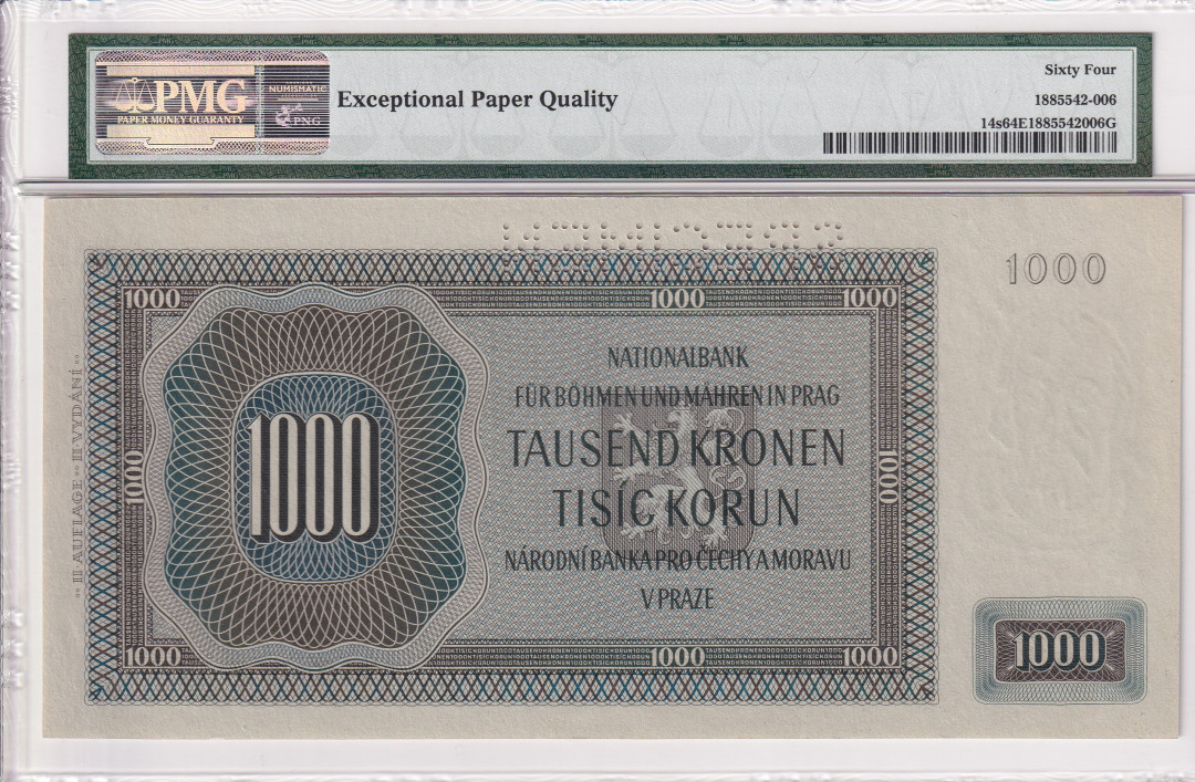 【收藏联盟】第116期拍卖——格拉斯哥大学的荣光 【样钞】波希米亚和莫拉维亚 1942年1000克朗 PMG64EPQ