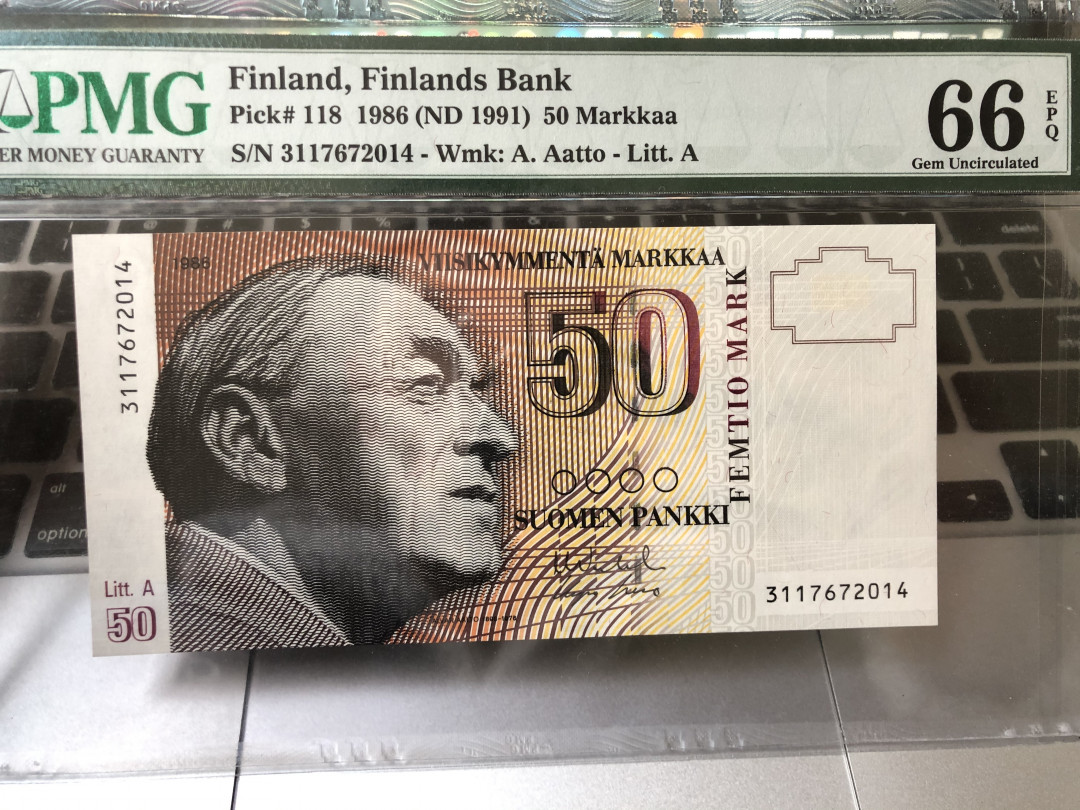 《外钞收藏家》第七十五期拍卖目录 芬兰末版1986年50马克 pmg66