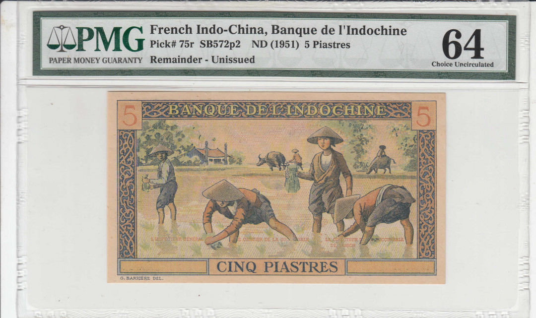 【收藏联盟】第116期拍卖——格拉斯哥大学的荣光 法属印支 东方汇理银行 1951年 5皮阿斯特 p75r PMG64 UNC品相较少