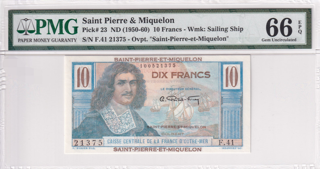 【收藏联盟】第116期拍卖——格拉斯哥大学的荣光 圣皮埃尔和密克隆 1950-60年 10法郎 p23 PMG66EPQ