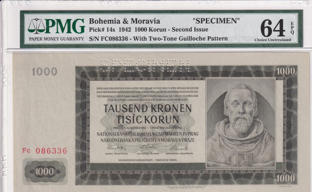【收藏联盟】第116期拍卖——格拉斯哥大学的荣光 【样钞】波希米亚和莫拉维亚 1942年1000克朗 PMG64EPQ