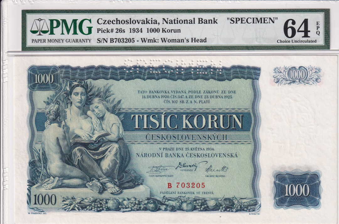 【收藏联盟】第116期拍卖——格拉斯哥大学的荣光 【样钞】捷克斯洛伐克 1934年 1000克朗PMG64EPQ