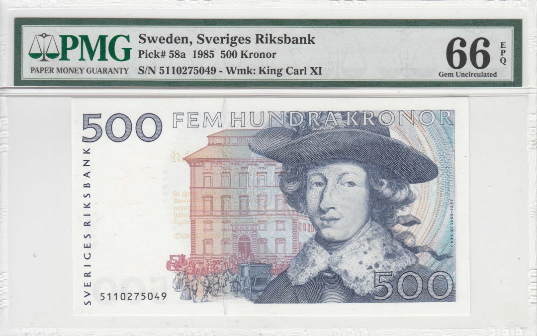【收藏联盟】第116期拍卖——格拉斯哥大学的荣光 瑞典 1985年500克朗p58a 初版蓝卡尔 PMG66EPQ