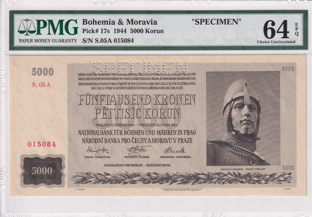 【收藏联盟】第116期拍卖——格拉斯哥大学的荣光 【样钞】波希米亚和莫拉维亚 1944年 5000克朗 PMG64EPQ 