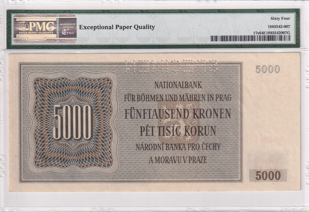 【收藏联盟】第116期拍卖——格拉斯哥大学的荣光 【样钞】波希米亚和莫拉维亚 1944年 5000克朗 PMG64EPQ 