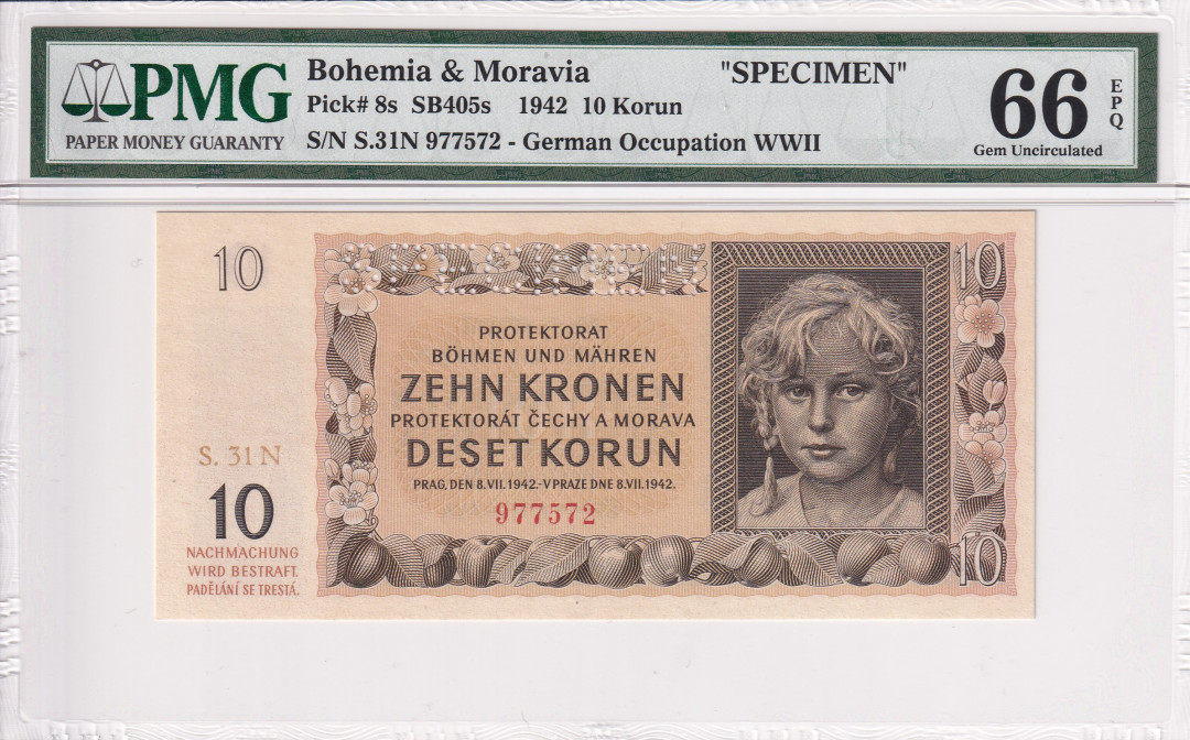 【收藏联盟】第116期拍卖——格拉斯哥大学的荣光 【样钞】波希米亚和莫拉维亚 1942年10克朗 PMG66EPQ
