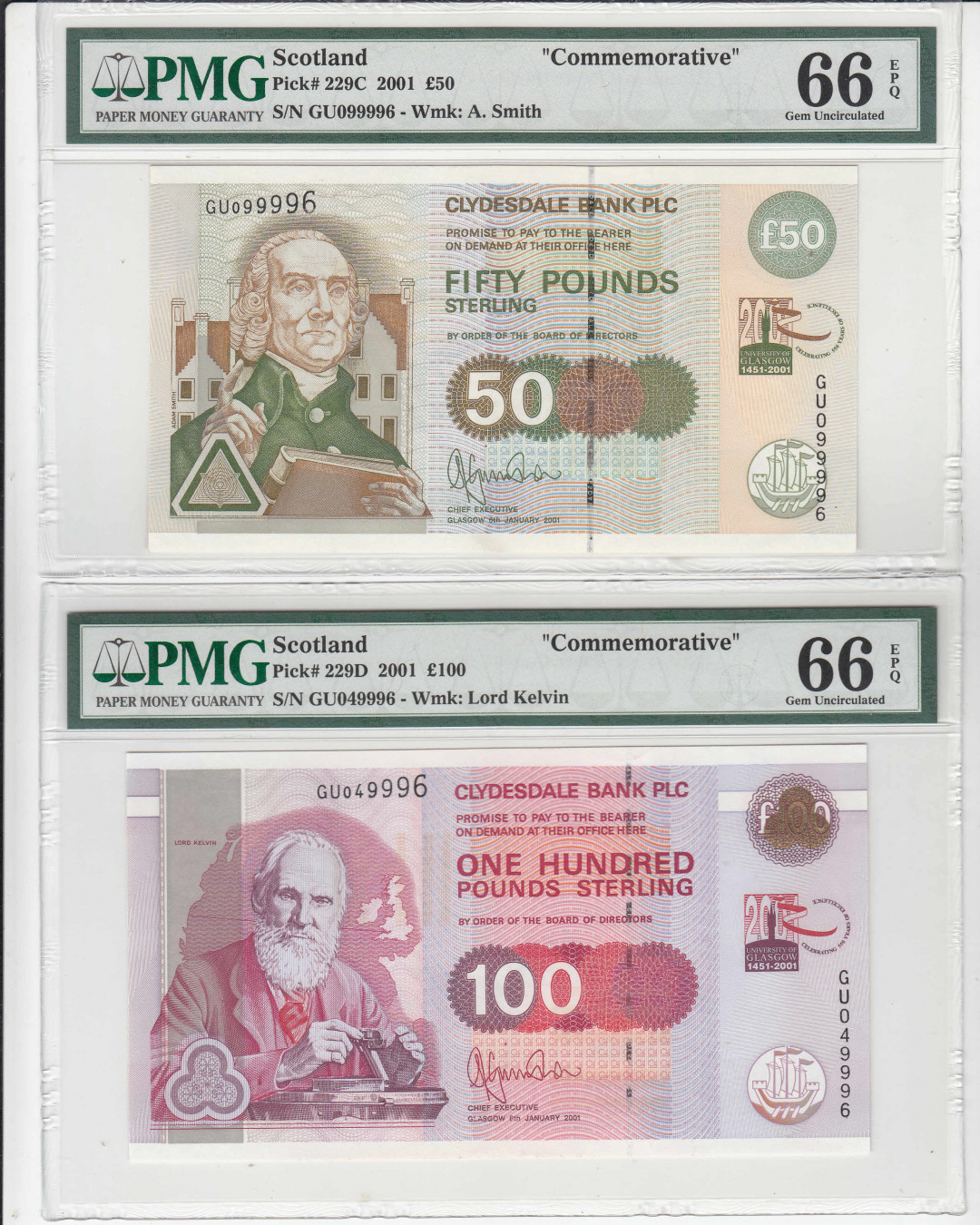 【收藏联盟】第116期拍卖——格拉斯哥大学的荣光 【一组2张】苏格兰 2001年50镑/100镑 格拉斯哥大学建校550周年纪念钞 PMG66EPQ