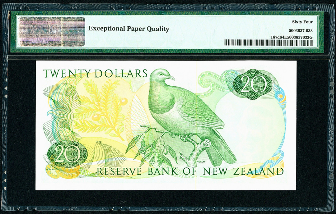 【收藏联盟】第116期拍卖——格拉斯哥大学的荣光 【3位小号】新西兰 1977-81年 20元 PMG64EPQ  UNC 原票 精美 高冠女王 KB冠