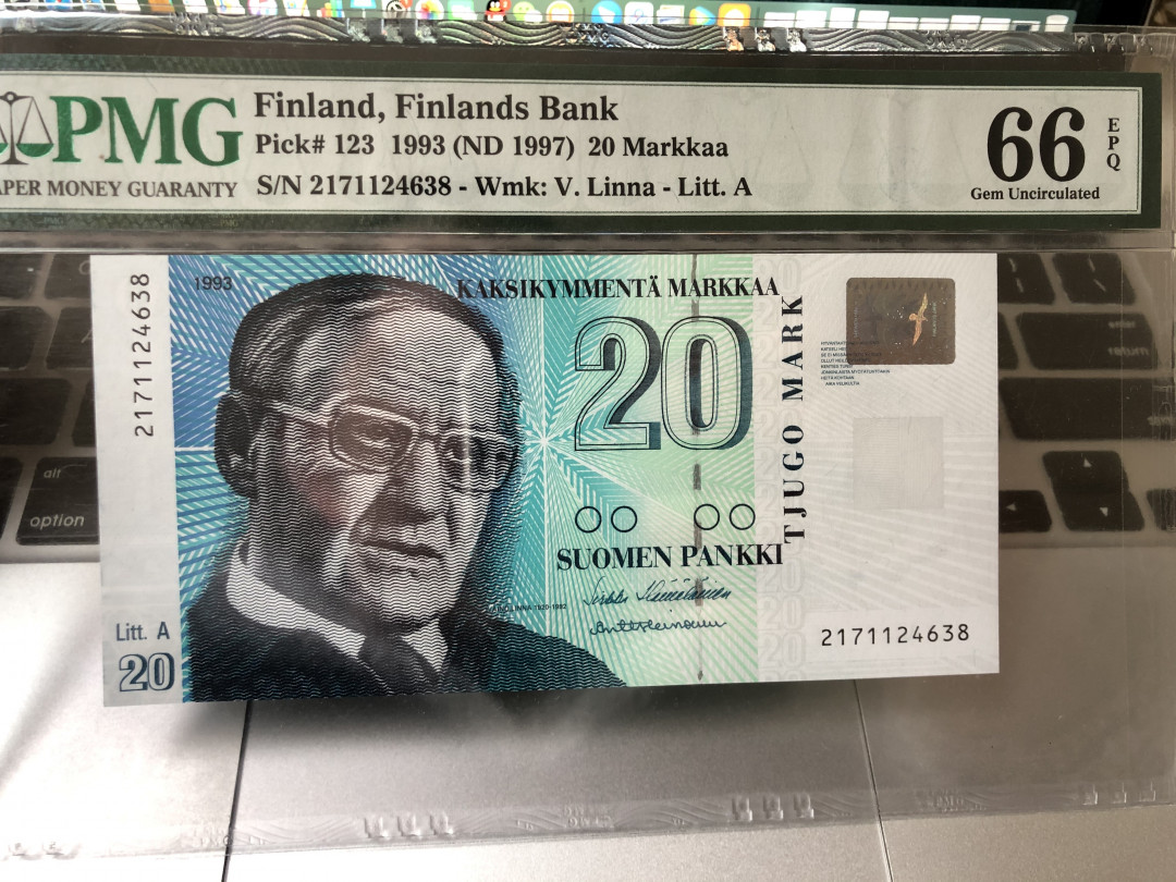 《外钞收藏家》第七十五期拍卖目录 芬兰末版 1993年 20马克 pmg66