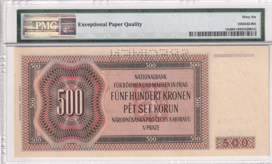 【收藏联盟】第116期拍卖——格拉斯哥大学的荣光 【样钞】波希米亚和莫拉维亚 1942年 500克朗 PMG66EPQ