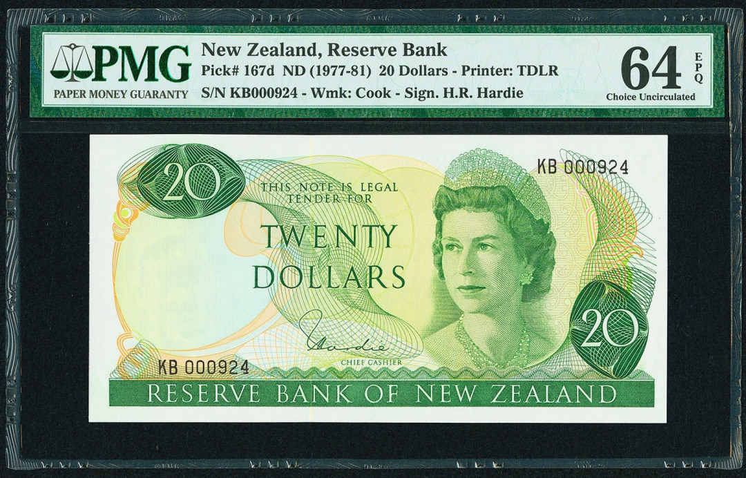 【收藏联盟】第116期拍卖——格拉斯哥大学的荣光 【3位小号】新西兰 1977-81年 20元 PMG64EPQ  UNC 原票 精美 高冠女王 KB冠