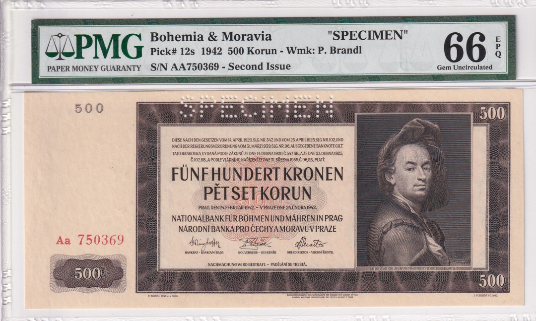 【收藏联盟】第116期拍卖——格拉斯哥大学的荣光 【样钞】波希米亚和莫拉维亚 1942年 500克朗 PMG66EPQ