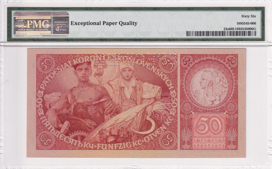 【收藏联盟】第116期拍卖——格拉斯哥大学的荣光 【样钞-999豹子号】捷克斯洛伐克 1929年 50克朗PMG66EPQ