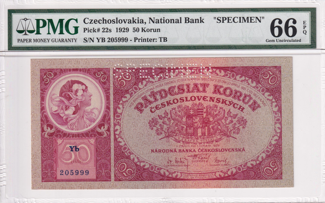 【收藏联盟】第116期拍卖——格拉斯哥大学的荣光 【样钞-999豹子号】捷克斯洛伐克 1929年 50克朗PMG66EPQ