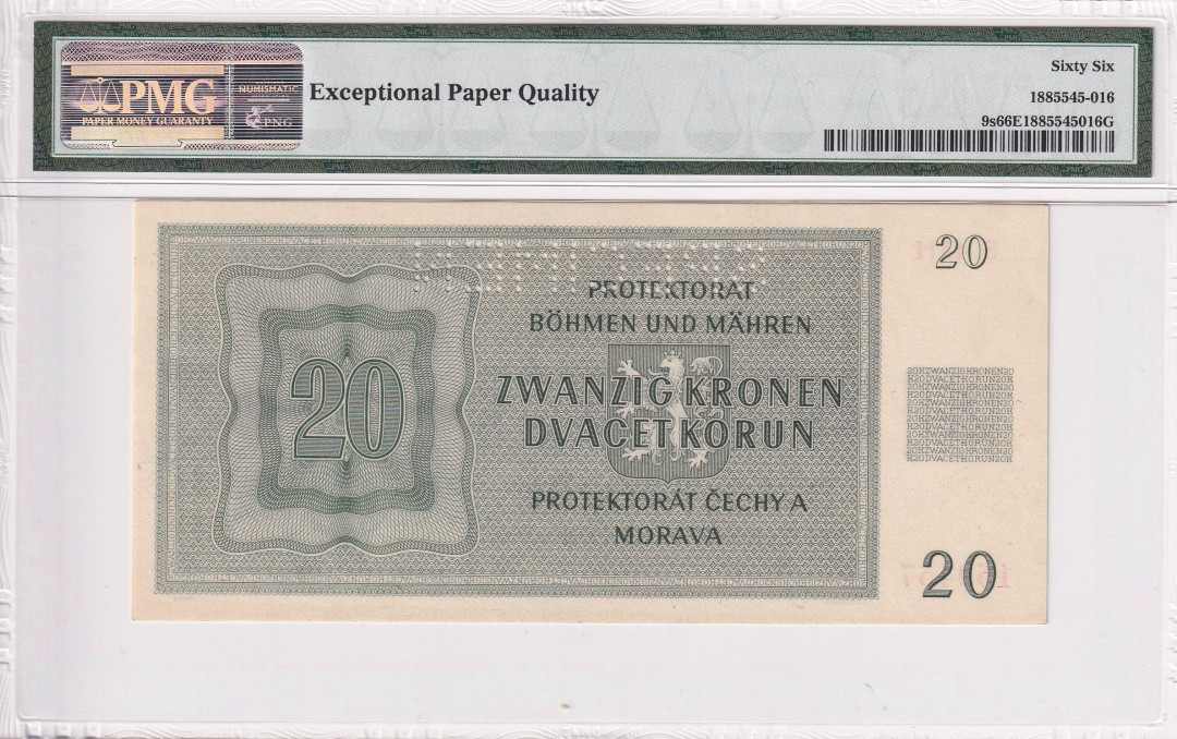 【收藏联盟】第116期拍卖——格拉斯哥大学的荣光 【样钞】波希米亚和莫拉维亚 1944年 20克朗 PMG66EPQ