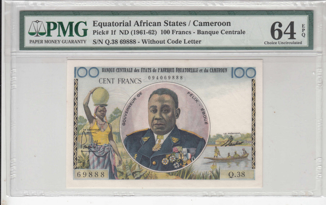 【收藏联盟】第116期拍卖——格拉斯哥大学的荣光 【888豹子号】法属赤道非洲 1961-62年 100法郎 PMG64EPQ 原票 