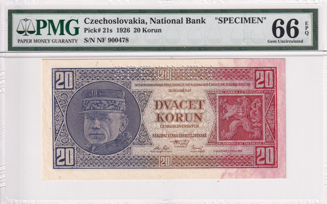 【收藏联盟】第116期拍卖——格拉斯哥大学的荣光 【样钞】捷克斯洛伐克 1926年 20克朗PMG66EPQ