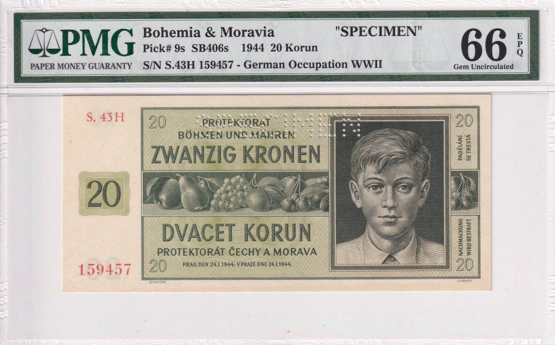 【收藏联盟】第116期拍卖——格拉斯哥大学的荣光 【样钞】波希米亚和莫拉维亚 1944年 20克朗 PMG66EPQ